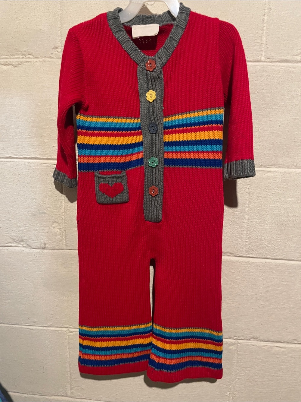 Vintage Kids Red Knit One-Piece Romper with Colorful Stripes